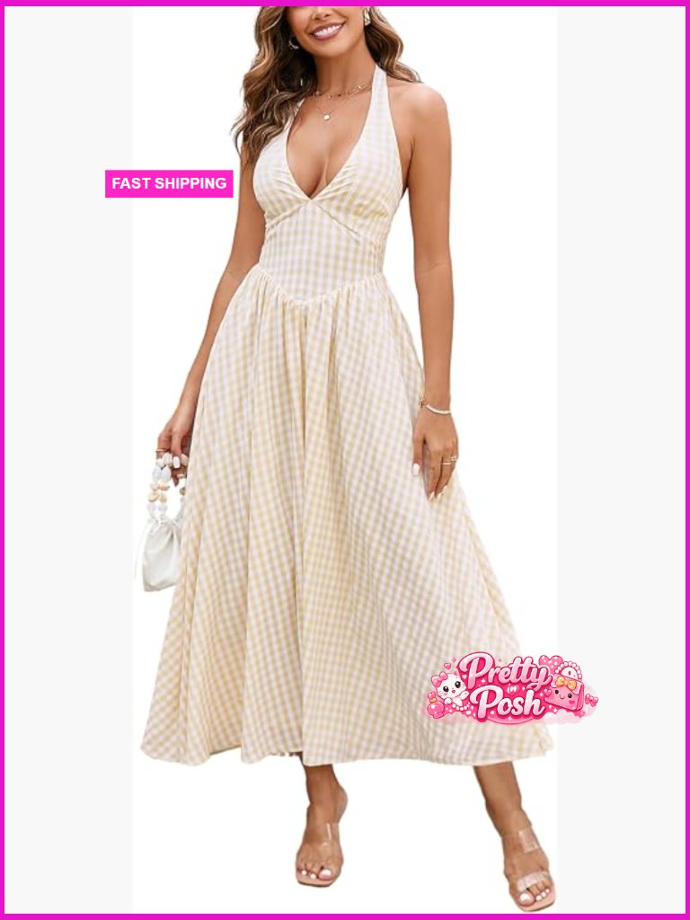 Women's Gingham Halter Neck Midi Dress Corset Sundress A Line Flowy
